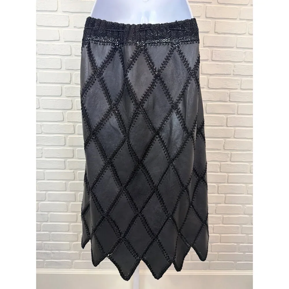 Vintage Western Leather Patchwork Skirt Black Crochet Diamond A-Line